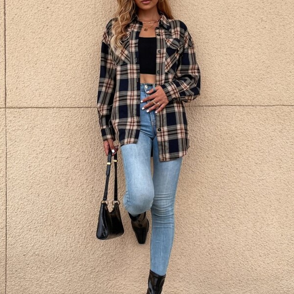 Cozy Black Oversized Plaid Button up Shacket Jacket - Picture 8 of 10